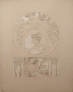Top two thirds: crescent form with nude and circular pendant with woman seen in profile; bottom third: rectangular panel with nude on a bed flanked by 2 pendants with female heads