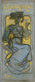 A roughly sketched woman in an elegant dress and hat perchces on in a gold alcove holding a bottle in her right hand and a champagne glass in her left handat head level; the word Champagne is written above in gold