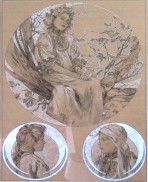 one large circle filled with an image of a girl in a wreath and a traditional smock sitting on the branch of a tree, and two smaller circles with girls seen in profile