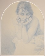 Seated female nude with a white cloth around her waist leaning on her knees with her head in her hands