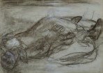 A rough sketch of two skeletal figures lying on the ground in each others arms