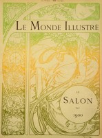 Line drawing of a woman with a foliage motif holding a sprig of flowers surrounded by a decorative border; colours run from light green at the top to dark yellow in the middle and dark green at the bottom; the text 'Le Monde Illustré' sits at the top of the page and 'Le Salon de 1900' in a disk in the bottom right hand corner of the page