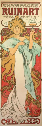 A full-length figure of a woman with stylised blond hair forming arabesques around her body wears a white dress with a pale blue shawl and holds a glass of champagne at face-level with her left hand; she stands against a red background; the text 'Champagne Ruinart Père et fils' features at the top of the poster; 'Rheims' features at the bottom of the poster
