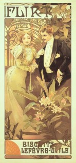 An elegant couple in evening wear stand in a glasshouse surrounded by plants with 'Lefèvre-Utile' in the ironwork behind; the text 'Flirt' features at the top of the poster and 'Biscuits Lefèvre-Utile' at the bottom