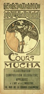 Stylised black and white drawing of a woman's head in profile on a brown background framed by green decorative elements; the text 'Académie Colarossi' at the top of the composition and 'Cours Mucha' at the bottom followed by details of the class in a green box