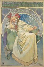 The actress wears a white gown and a decorative crown and is seated on green fabric with her head supported by her right arm; she is set against a sky of stars and is encircled with images of blacksmith's tools, a gold crown, hearts, vessels and monsters.