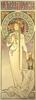 Woman in a white, high-neck dress holding flowers in her right hand and resting her left hand on a bottle which sits on a table; behind her head is a decorative halo