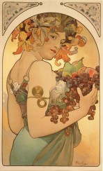 A woman seen side-on with irises in her hair and grapes, pears, apples and soft fruits in her arms  turns towards the viewer
