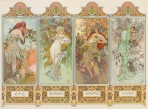 Four decorative panels with four female figures entwined with seasonal plants and the names of the seasons at the bottom of each panel
