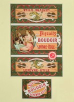 A sheet of four panels to be stuck on a biscuit tin. On the principal panel, an elegantly dressed man and woman sit at a table drinking champagne and eating biscuits. All panels have a decorative border in greens, reds and pinks.