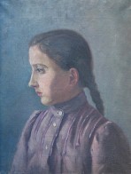 Head and shoulders of a girl seen in profile with dark hair in a plait and a mauve pleated and high-collared dress sitting against a blue background