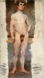 A male nude standing in contrapposto with his right hand on his hip