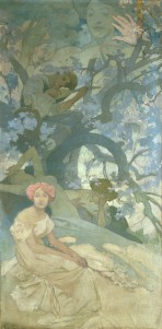Three figures sit in a tree: a boy with a lyre, a girl with her head in her right hand and a naked female with her head arched back; in the foreground a girl sits looking towards the viewer and behind the tree a larger than life female figure with her hands raised looms above the scene