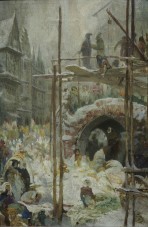 Street scene with figures in the snow and men climbing on a brick archway and scafolding structure