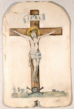 Drawing of Christ on the cross with the initials I.N.R.L. at the top of the crucifix, a skull and crossbones at the bottom, and nuns and gravestones in the distance