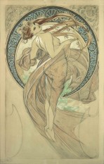 A woman with long red hair and a transparent piece of fabric draped over her bare body leans backwards while facing the viewer and is framed by a large decorative halo