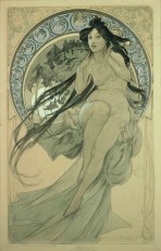 A naked woman with long dark hair touches the back of her neck with her hands as she perches on a large decorative halo