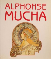 Poster based on Mucha's Zodiac with white background and 'Alphonse Mucha' in red Art Nouveau font