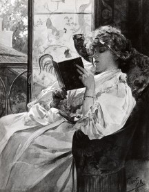 Woman in a pale gown leaning back in an armchair next to a window with a book in her hand