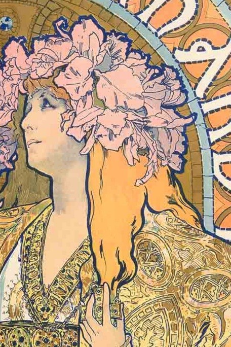 A close-up of Bernhardt in a Byzantine gown with a floral headpiece