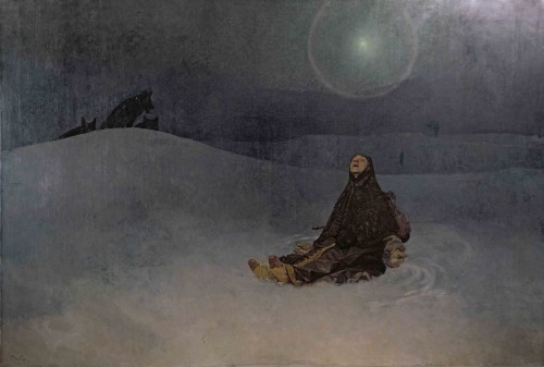 A peasant woman in a dark headdress sits with her head to the sky in a gesture of resignation; the dark colours of her barren, moonlit surroundings merge into the night's sky; 3 wolves look on from the horizon