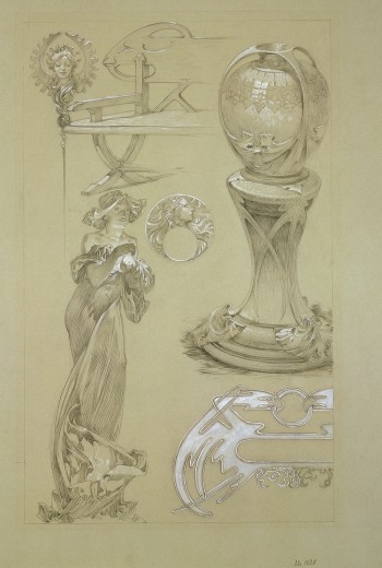 Ornate elements including the corner of a bench, a pedestal with vase, a full-length female figure and two decorative motifs