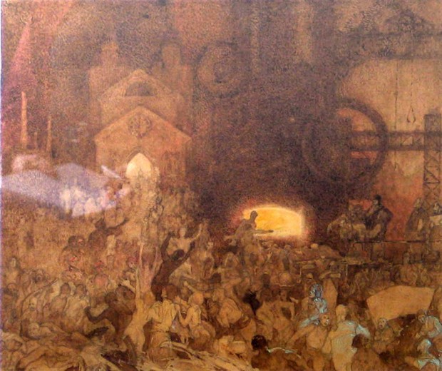 the top half of the composition is dominated by machinery and buildings and the bottom half is inhabited by a crowd of figures