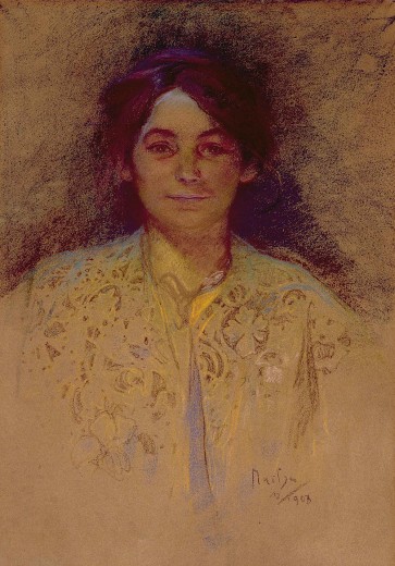 Woman in a floral shawl with her hair attached looking head on, lit up from a light below