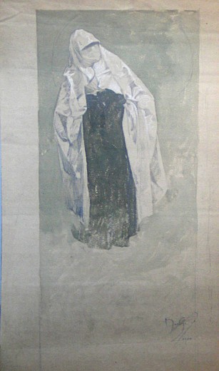 Figure wearing a dark tunic with face obscured by a white scalf leaning to her right on a pale blue background