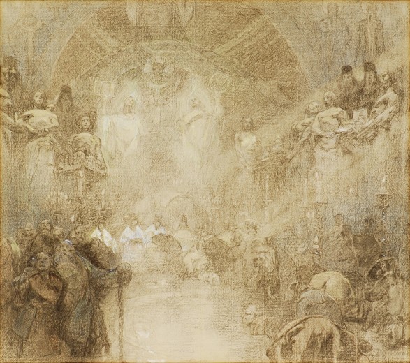 Interior of a church with figures crouching down on the floor, figures hovering around the sides, and ghostly female figures of different sizes behind