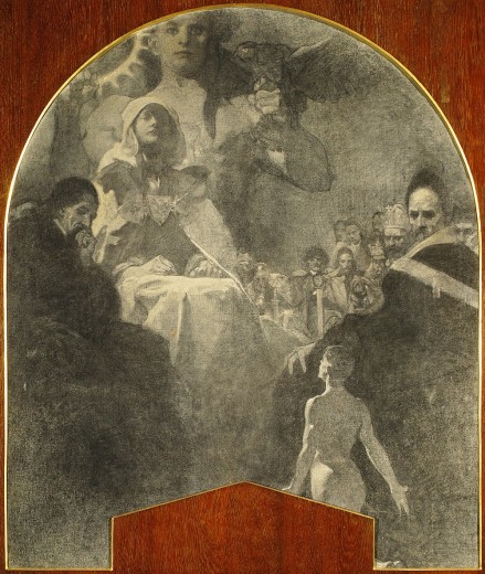 A wooden pendentive with a drawing in pencil portraying a seated girl surrounded by men in robes, a naked male figure below and a bare-chested boy holding a bird behind