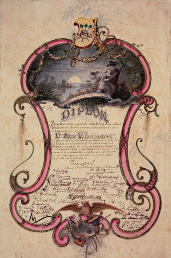 Decorative form with a couple against a moonlit landscape at the top, text in the middle, and approximately two dozen signatures at the bottom with a motif composed of different musical instruments