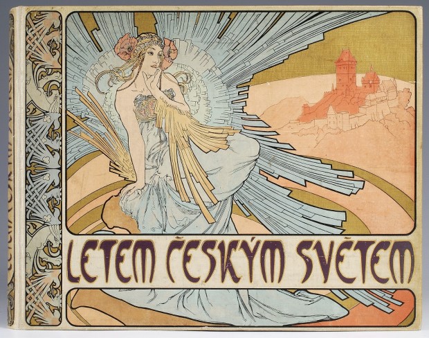 A woman surrounded by blue stylised feathers with poppies in her hair and a red Bohemian style castle on a rock behind; decorative vertical border on the left side; title in the lower third of the cover 'Letem Ceskym Sventem'