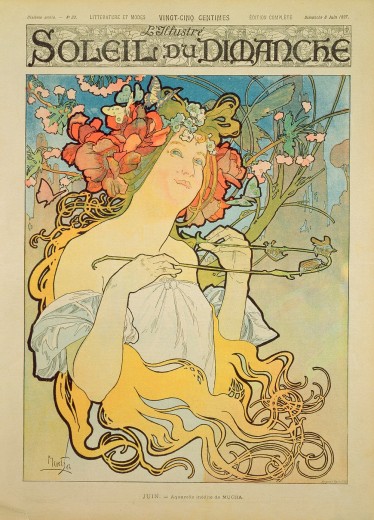 A woman with a round face and red flowers and butterflies in her golden hair which falls around her body; she holds a branch with insects to her neck and looks upwards; the title of the magazine sits at the top of the page
