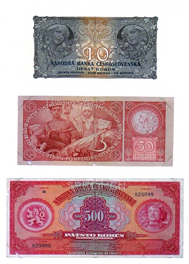 Three banknotes of 10, 50 and 500 crowns