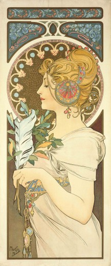 A three quarter length female figure in a white robe with blond hair and jewels in her hair and dress holds a feather and laurel leaves in her hand; decorative motifs frame her face.