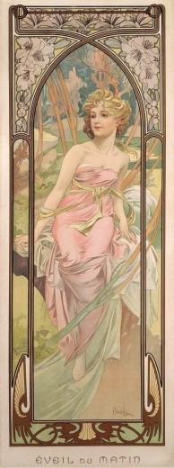 A fair haired woman in a pink strapless dress sits perched on a tree and looks out of the frame to her right; behind her is a grassy patch with trees in the distance; the composition is framed with a decorative arched border filled with mauve flowers