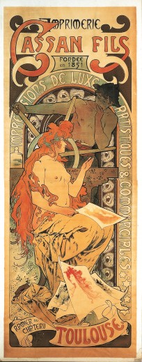 Nude female figure with long red hair sits holding a print with a pile of prints at her feet with a male figure behind working a printing press and the text 'Cassan Fils/fondée en 1851/Impressions de luxe artistiques et commerciales/Armier du Charteru/Toulouse'