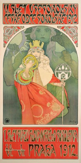 A young girl in a red cloak wearing a crown holds a staff in her left hand and 7 garlands in her right hand; behind her a green otherworldly figure holds a falcon