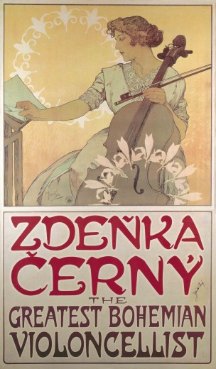 A woman in a white dress with lace trimmings holding a cello and bow in her left hand turns the page of a music book with her right hand; before her and in the background are two circular white lily motifs; the text 'Zdenka Cerny, The Greatest Bohemian Violincellist' figures in red font at the bottom of the poster