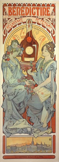 Two women with pale robes, one with flowers in her hair and the other with an ornate headband, sit either side of a bottle of Bénédictine liquor; the bottle sits on a pedestal and is framed by a decorative halo; the text 'Bénédictine de l'Abbaye de Fécamp' sits at the top of the poster