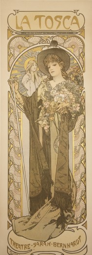 Woman in a brown hat and gown holding a bunch of flowers and a cane framed with circular decorative elements