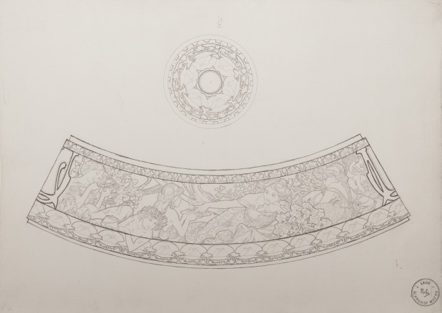 2D designs for top and side of bicuit tin with female figures and a decorative floral motif
