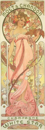 A blond girl with a pink dress and bare shoulders entwined with vines and white flowers holds a bowl of grapes in her left hand and is framed by a floral halo. The words 'Moët Chandon' feature at the top of the poster, and 'Champagne White Star' at the bottom.