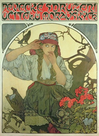 A girl with long fair hair in plaits and traditional costume sits in a tree and holds her right hand to her ear and her left hand to her lips; a bird behind her raises its beak