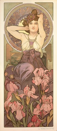 A woman sits above a cluster of dark pink irises and is framed by a gold decorative halo as she lifts her hair above her head with her hands