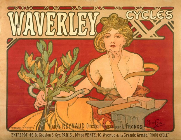 A woman with golden hair in an ochre dress with bare shoulders sits on a bicycle against a red background with her chin resting on her left arm supported by an anvil and holding a branch of laurel leaves in her right hand