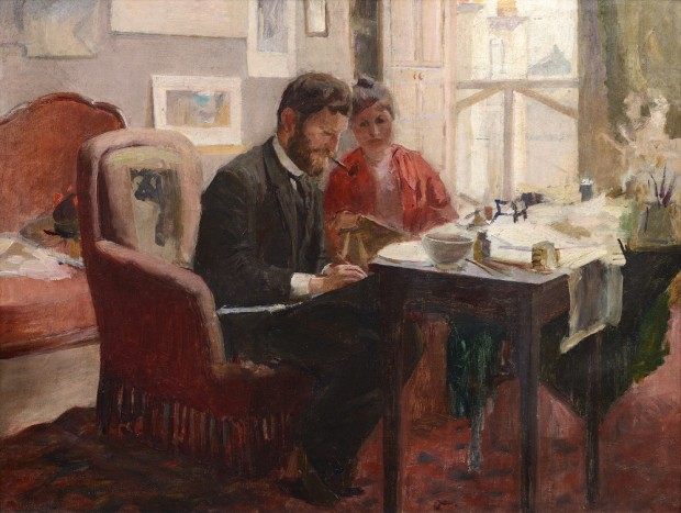 Bearded man with a pipe seated on a red armchair in front of a table with a woman in red to his left and a window to her left