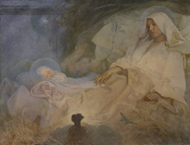 Reclining woman in white with a faint halo with a baby swaddled in white cloth resting on her knees