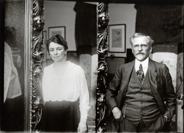 Photomontage of Mucha stood to the right of a mirror with his wife Maruška's reflection